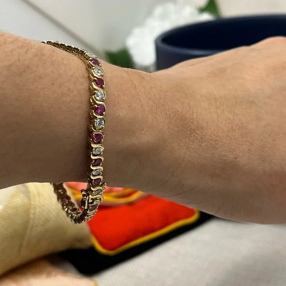Vintage Gold Over 925 Sterling Silver Ruby & CZ Tennis Bracelet - Picture 8 of 16